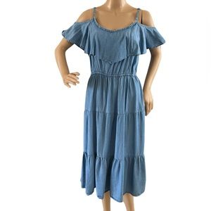 Old Navy Tier Midi Dress Chambray Cold Shoulder